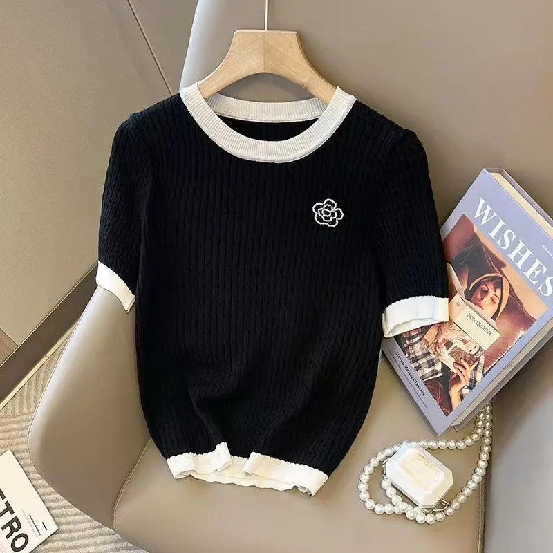 Summer Knitted T-Shirt Women's Round Neck Short Sleeve Loose Sweater Luxury Designer Rose Flower Embroidered Top Women's Clothes