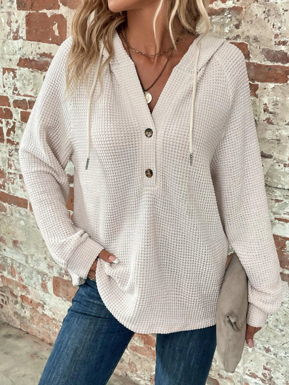 Women's Solid Color Hooded Button Loose Long Sleeved Hoodie Autumn/Winter 2023 Fashion Comfortable Casual Sweatshirt