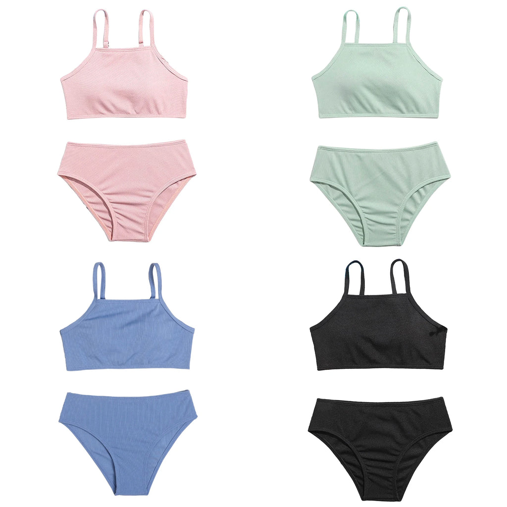 Children Two Piece Bathing Suit 8-15 Years Swimsuit For Girls Summer Bikini Set Solid Color Tops And Briefs Suit Kids Swimwear