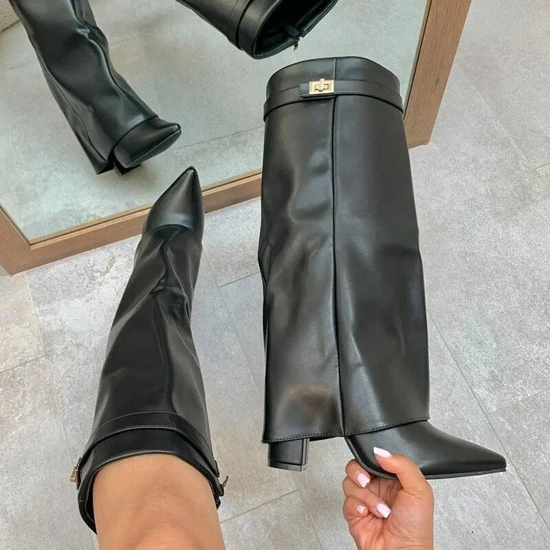 Women's Boots 2026 New Pointed Toe Long Tube Boots Metal Buckle Chunky Heel Pants Boot Women's Fashion Winter Boots Large Size