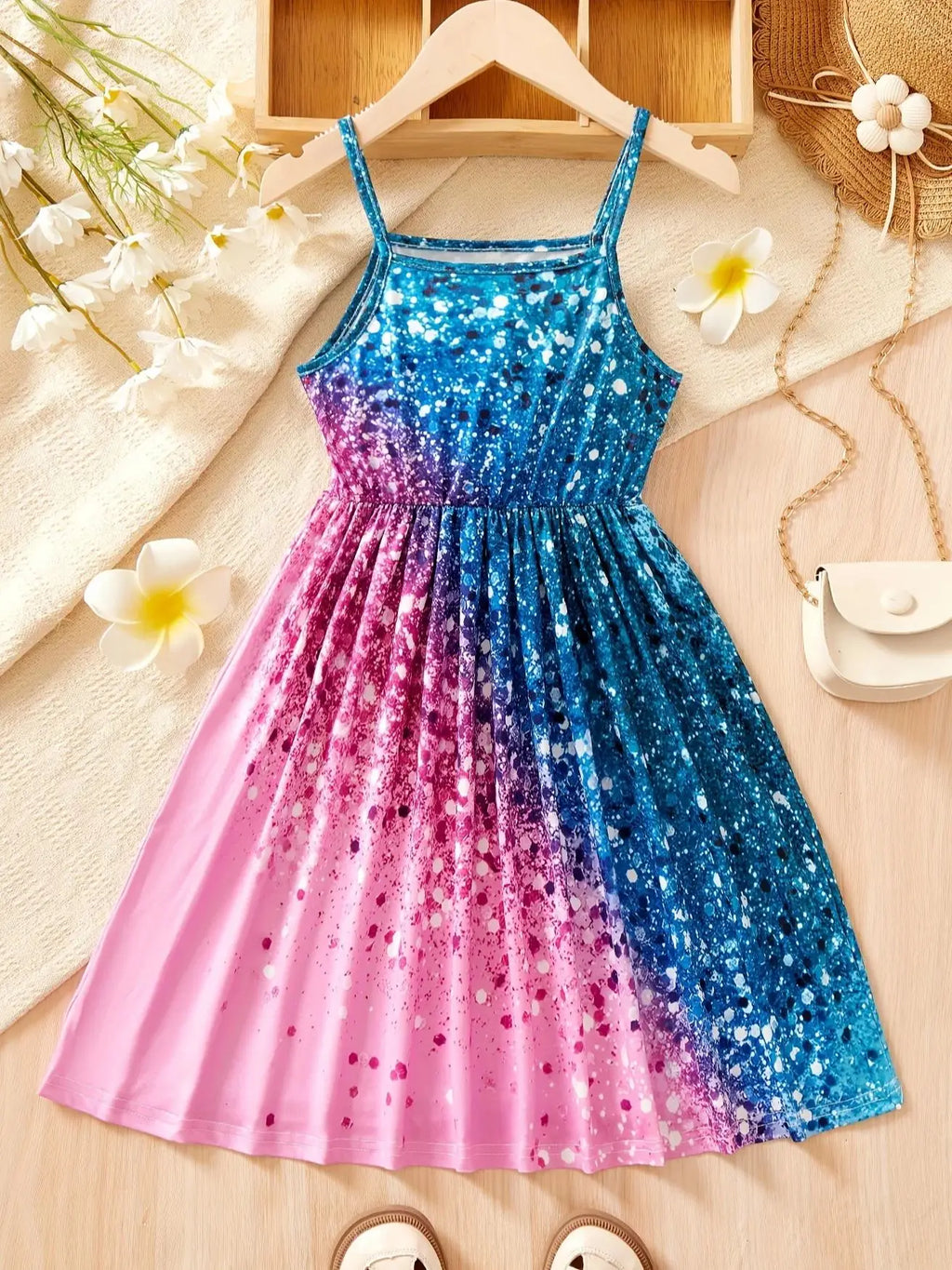 Children's Clothing for Girls: Sparkling All-Over Print Dress, Fashionable Strap Dress for Girls Aged 1-8, Dazzling Strap Dress