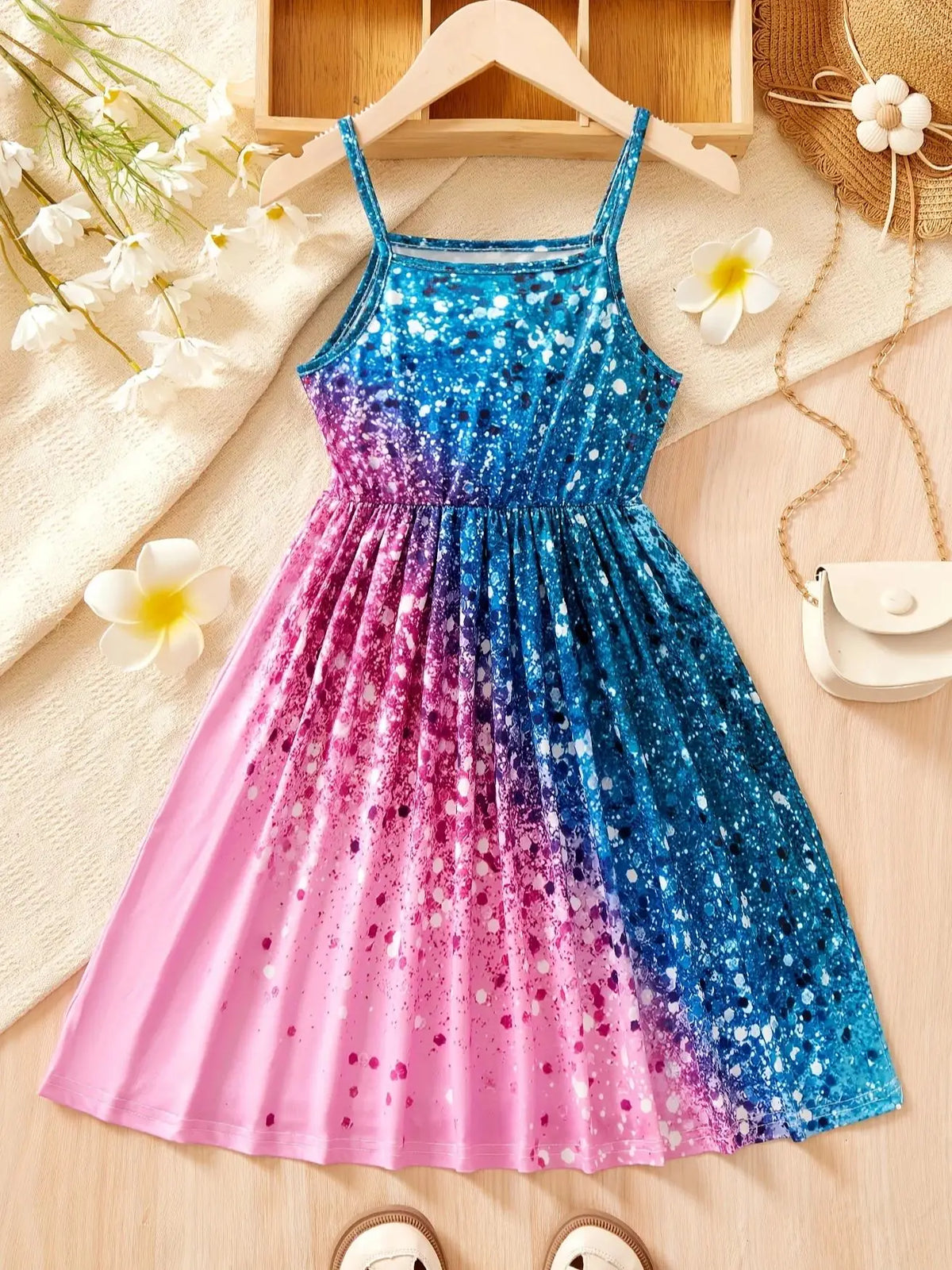 Children's Clothing for Girls: Sparkling All-Over Print Dress, Fashionable Strap Dress for Girls Aged 1-8, Dazzling Strap Dress