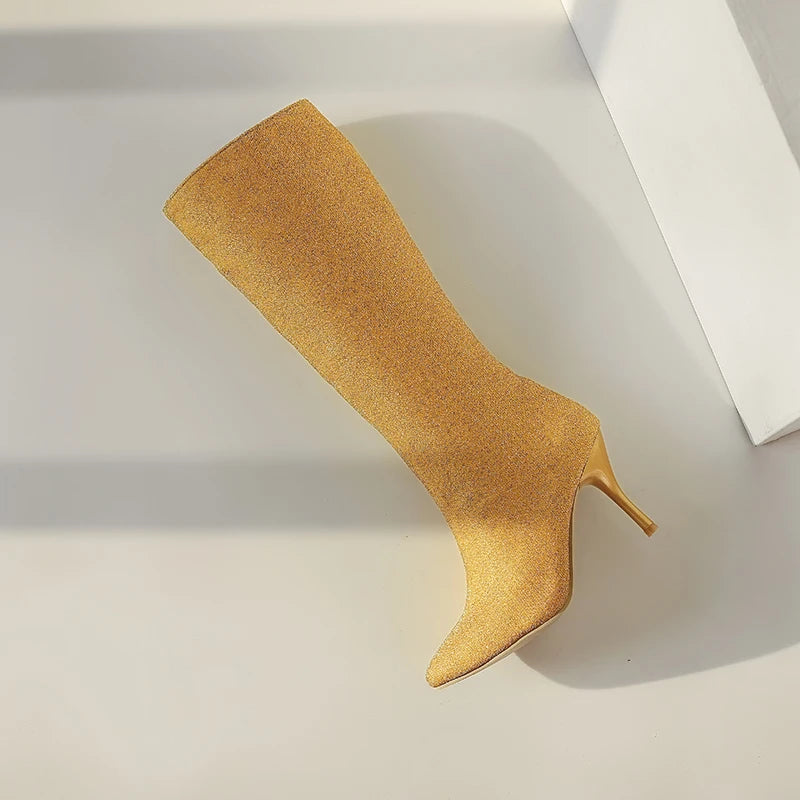 Women's Boots in Black, Red, White, and Yellow with Fine Shimmer, Pointed Toe, Stiletto Heel, Designer Style, Mid-High Boots for Women, New Autumn and Winter Elegant High-Heeled Shoes, Clearance Sale, Solid Color Simpl