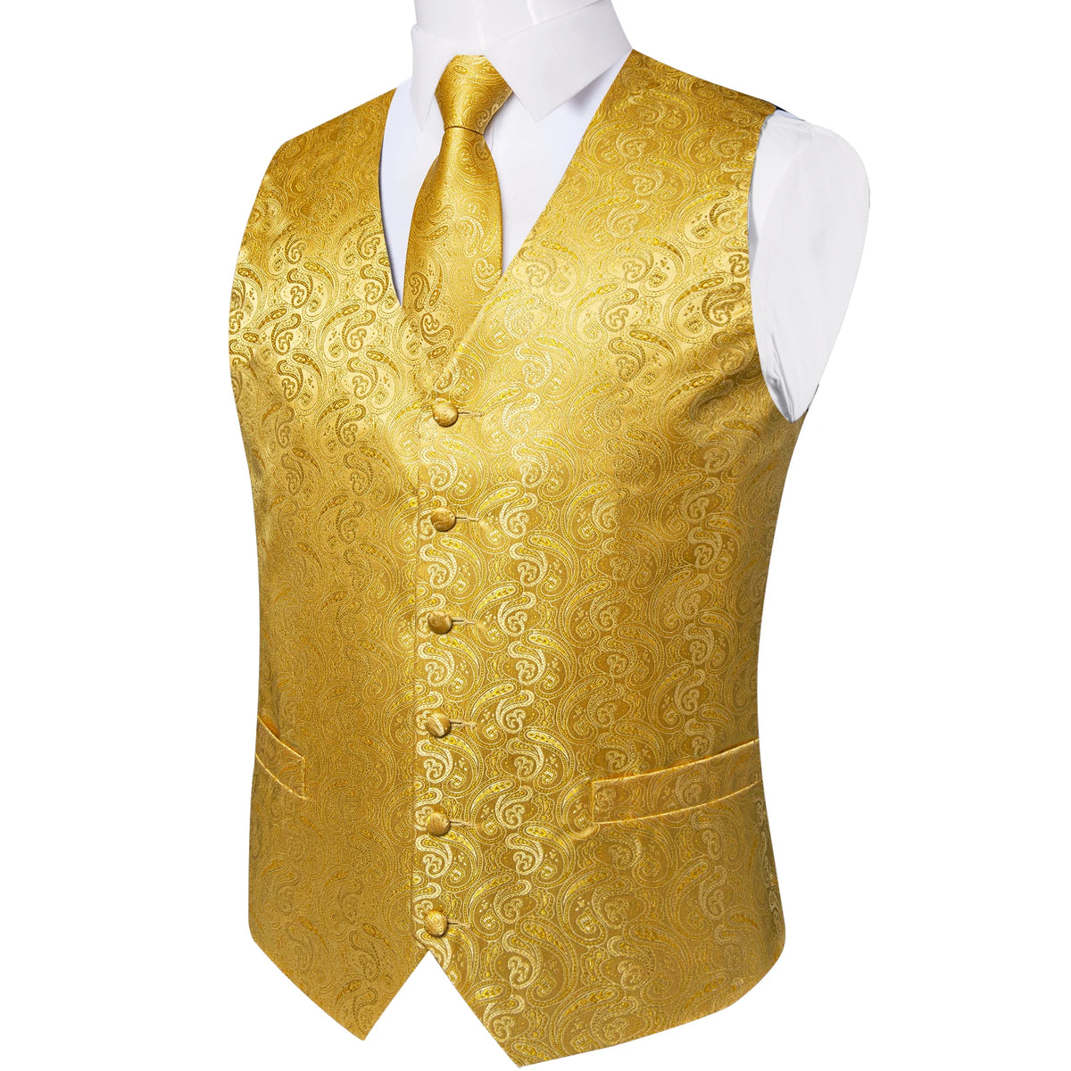 Luxury Paisley Gold Vest for Man Formal Yellow Solid Men's Waistcoat Necktie Pocket Square Wedding Business Chaleco Hombre