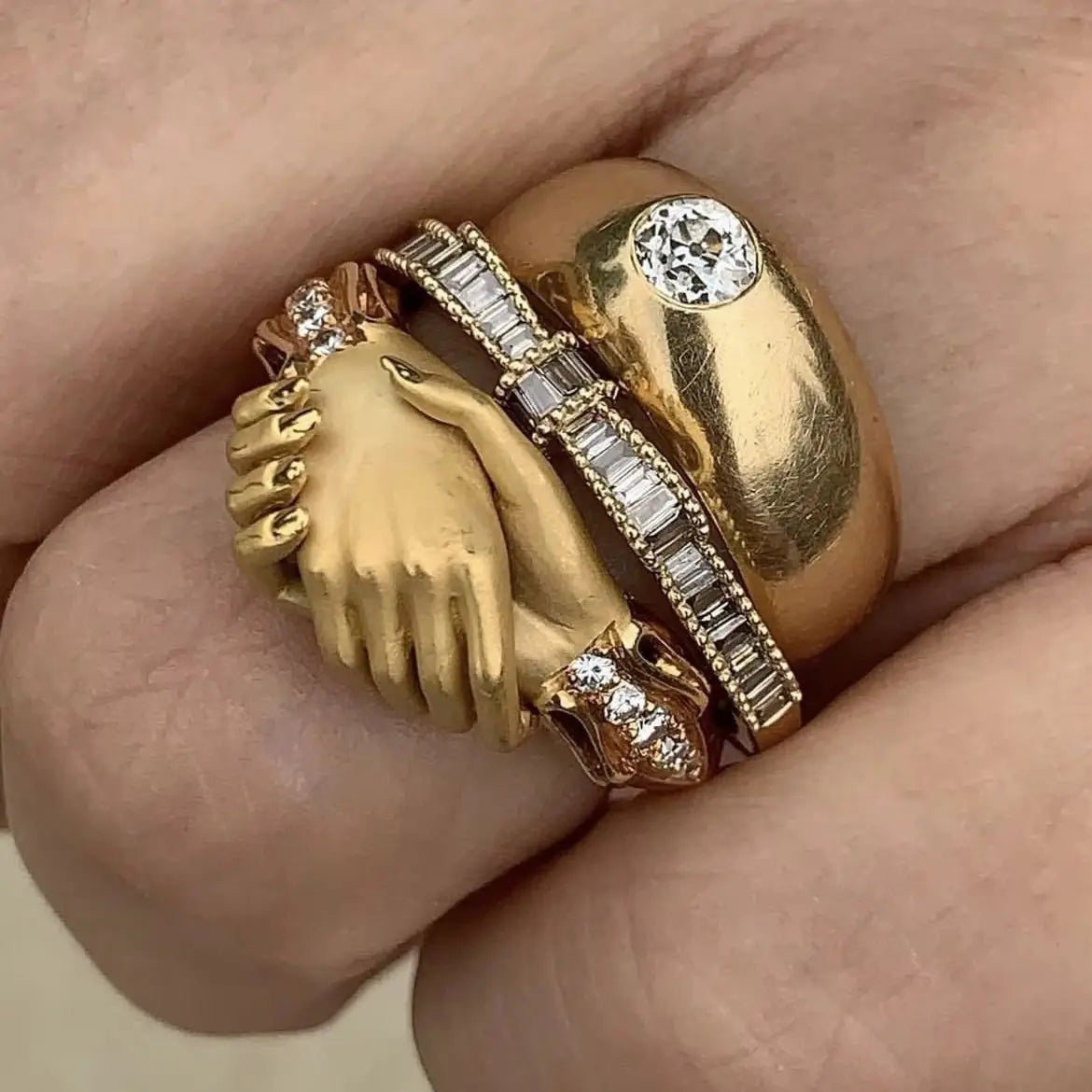 Three Luxury-Style Stacked-Set Diamond-Inlaid Copper Jewelry Rings for Ladies, Suitable for Daily Casual Wear