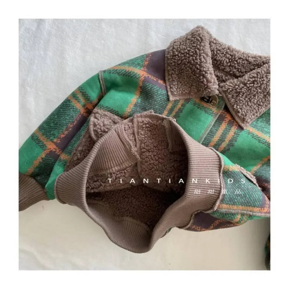 Jackets & Coats Kids' Korean Fur Lapel Coat Green Checked Fleece Jacket Single-Breasted Winter Coat for Boys & Girls