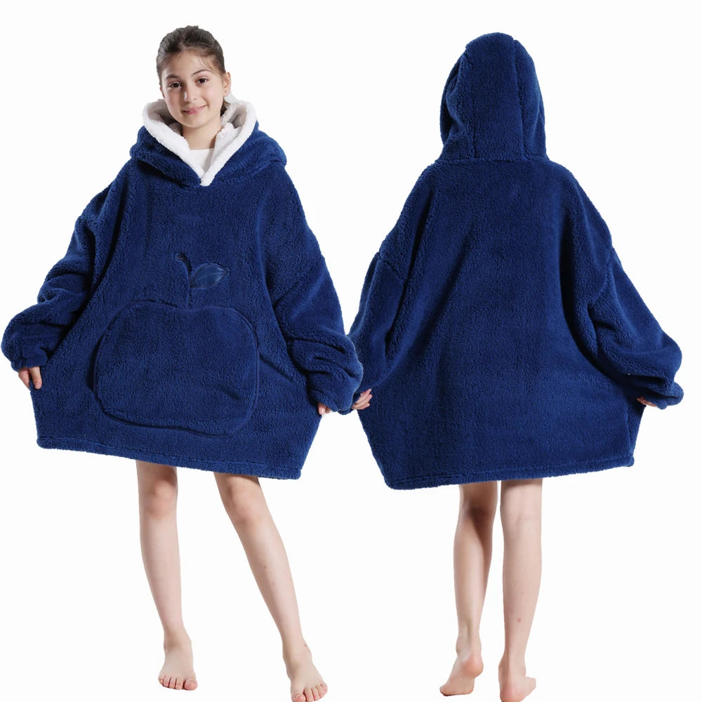 Winter Hoodies for Girls Boys Hooded Flannel Warm Sweatshirts Children's Wearable Blanket with Sleeves Kids 100-160cm Clothing