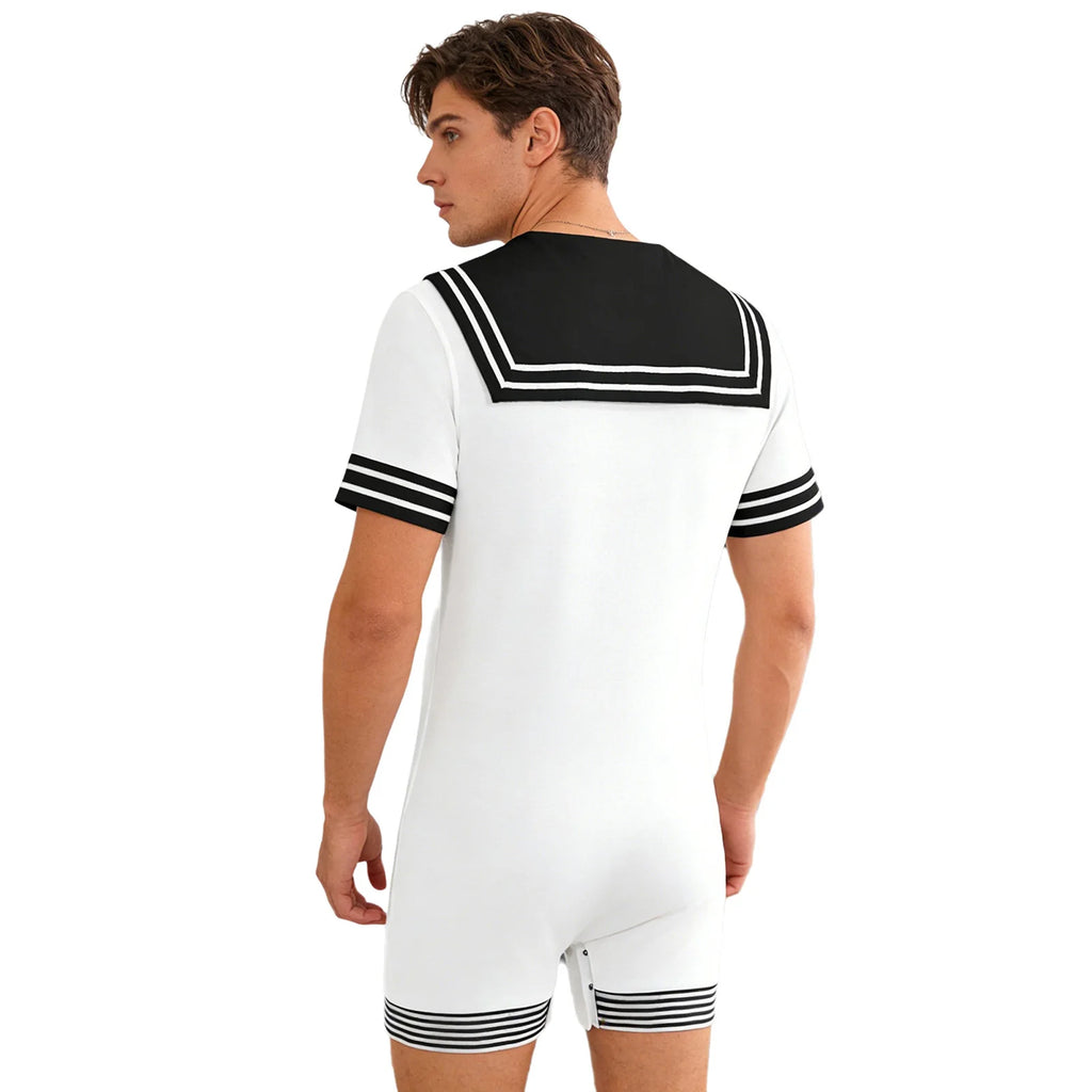 Men Adults Sailor Style Pajamas Bodysuit Navy Collar Short Sleeve Stretchy Comfortable Jumpsuit for Lounging Sleeping Home Wear