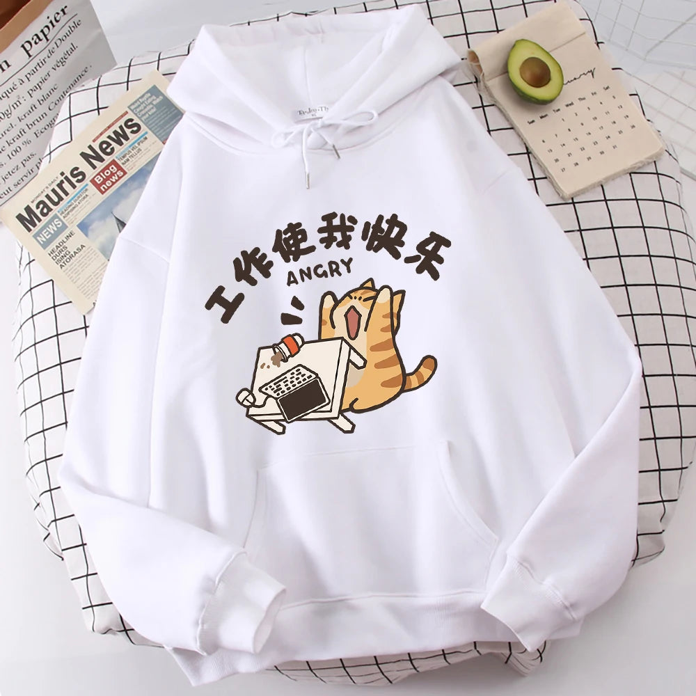 Fat Cat Slogans Work Is My Joy Boy Wei Clothing Casual High-Quality Hoodies Cartoon Fashion Hoody Daily Leisure Woolen Sweater