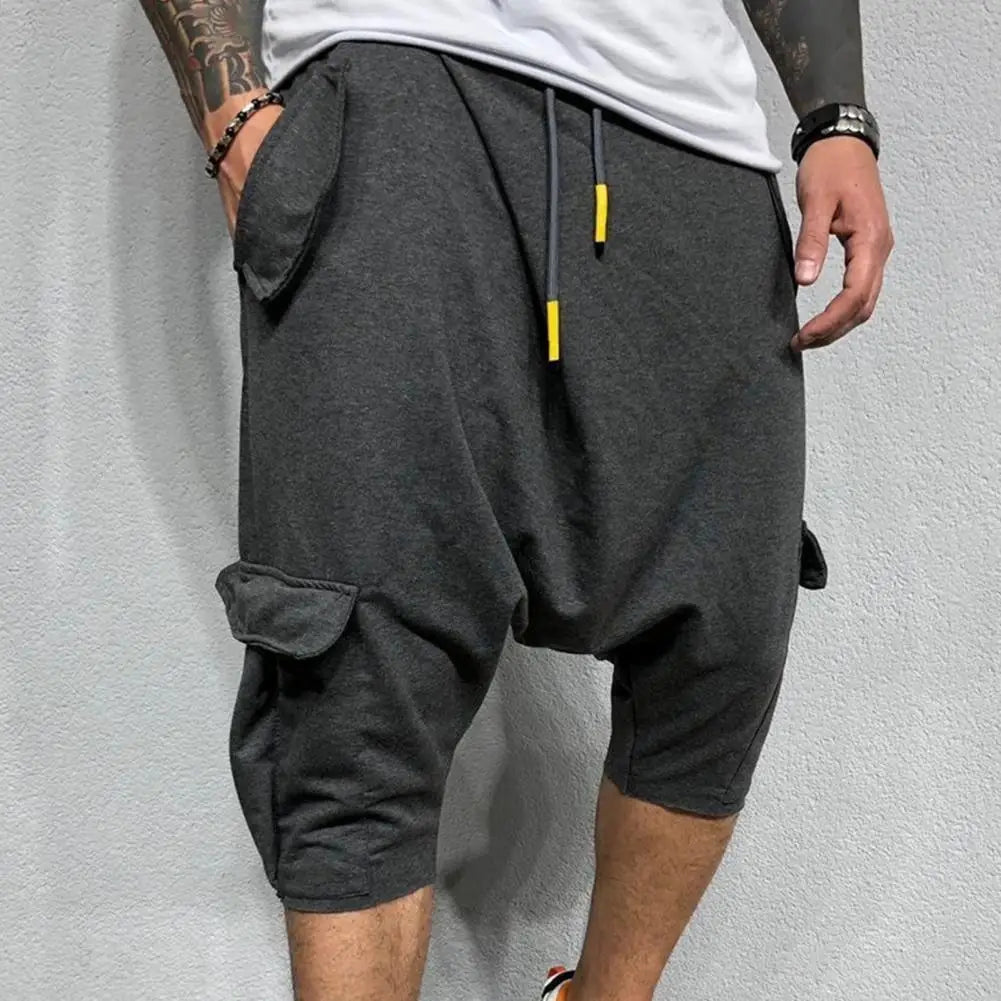 Cotton Low Crotch Hip Hop Men Pants Baggy Harem Pants Soft Drawstring Solid Color Casual Loose Pants Cropped Trousers