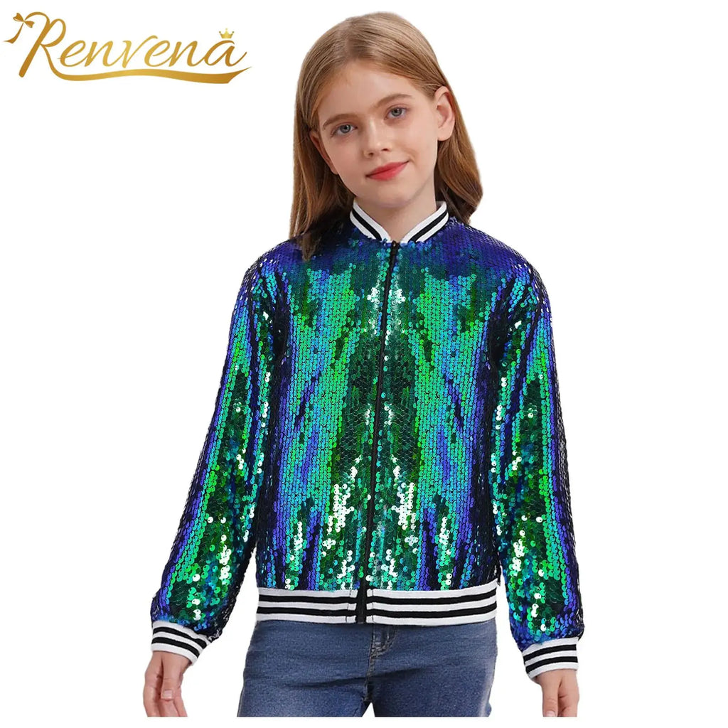 Kids Girls Sequin Jackets 6-16 Children Baseball Coat Outerwear Disco Performance Jazz Dance Costume Party Fashion Streetwear