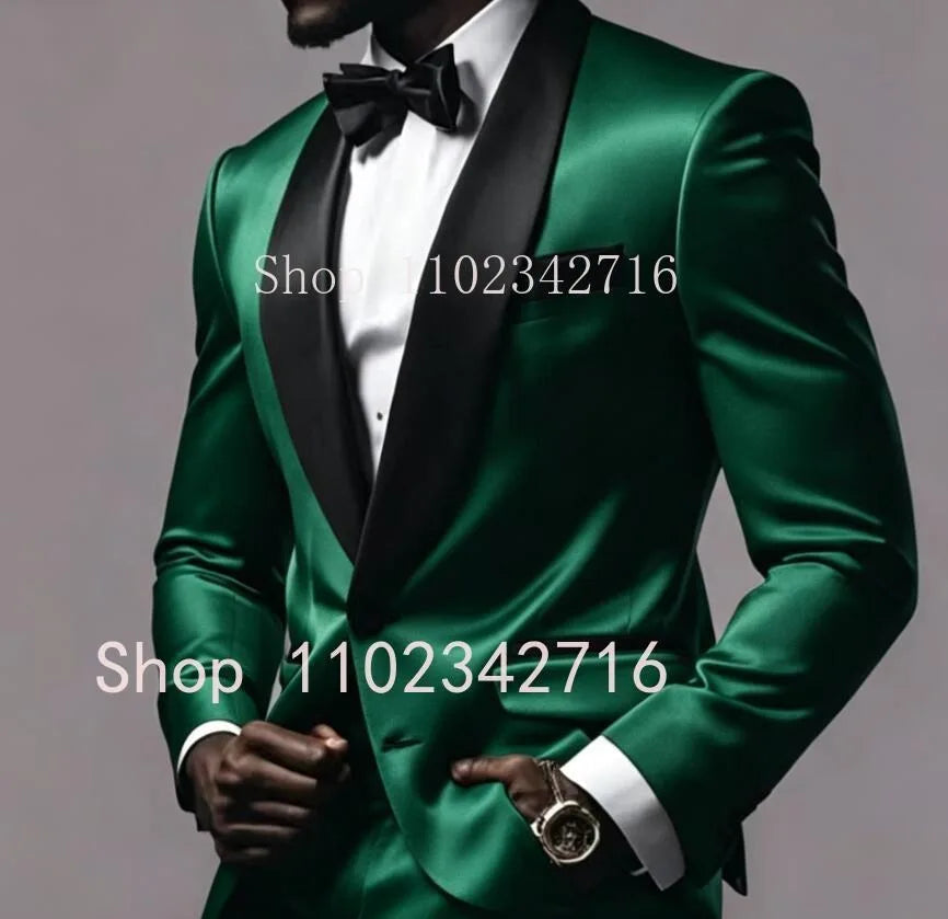New Luxury Red Satin Men Suits 2025 Shawl Lapel Single Breasted Wedding Blazer 2 Piece Jacket Pants Formal Prom Party Suit Male