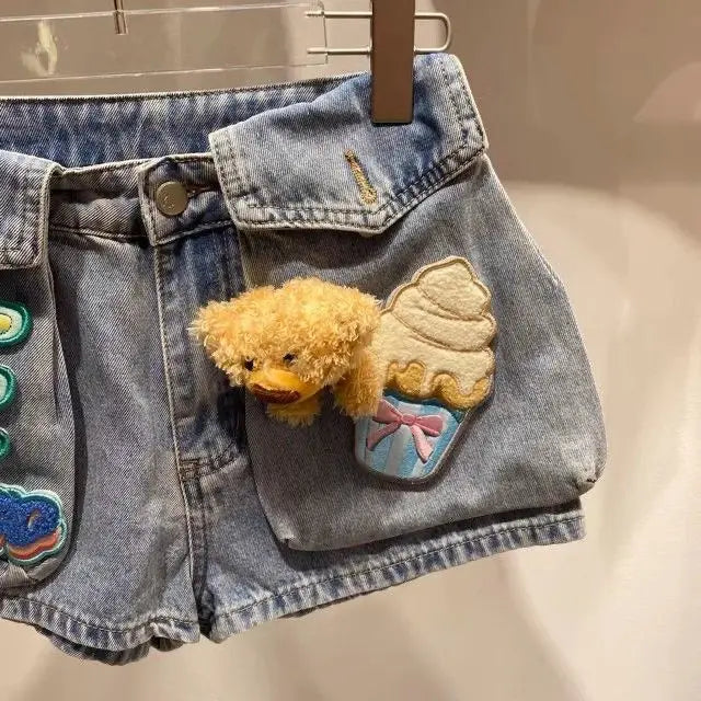 Nicemix 3D Teddy Bear Patch Design Slim Fit Denim Shorts for Women Summer New Stylish High Waist Loose Casual Jeans for Women