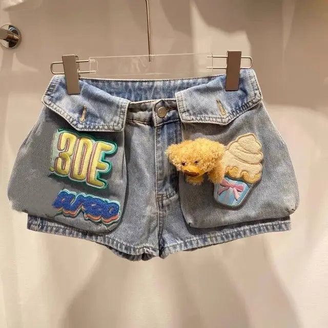 Nicemix 3D Teddy Bear Patch Design Slim Fit Denim Shorts for Women Summer New Stylish High Waist Loose Casual Jeans for Women