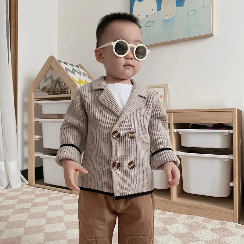 2025 Korean Breasted Sweater Jacket Children Vintage Knitted Cardigans Baby Cardigans Boys Winter Knit Sweaters Coat Kids Double