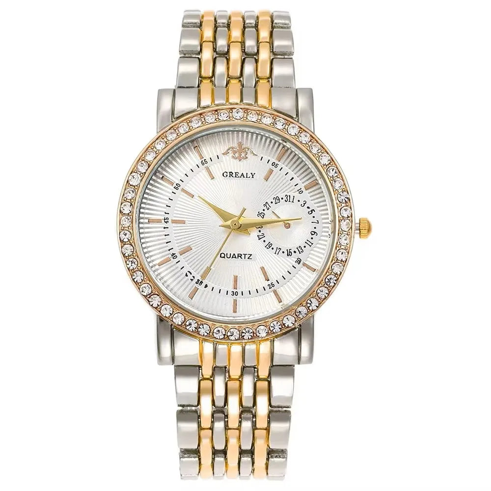 Elegant Women's Two Tone Crystal Watch Stainless Steel Band Quartz Wristwatch Ladies Dress Watches