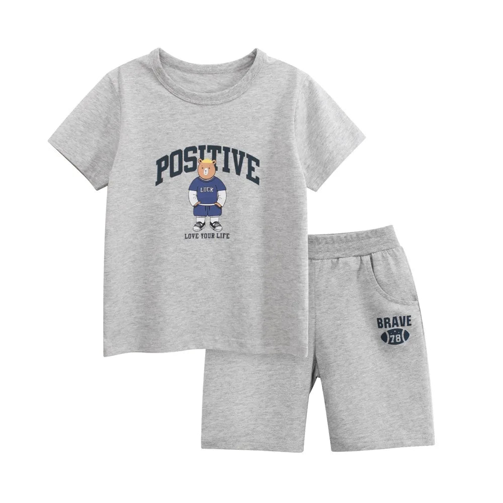 2025 Children Clothing Set Boys Girls Bear Cartoon Short Sleeve Cotton Sweatshirt Set Kids Comfortable Casual Outdoor Outfit