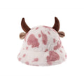 Women's Cow Print Horn Fisherman Hat - Korean Style, Fleece-Lined, Thickened & Warm Bucket Hat for Winter