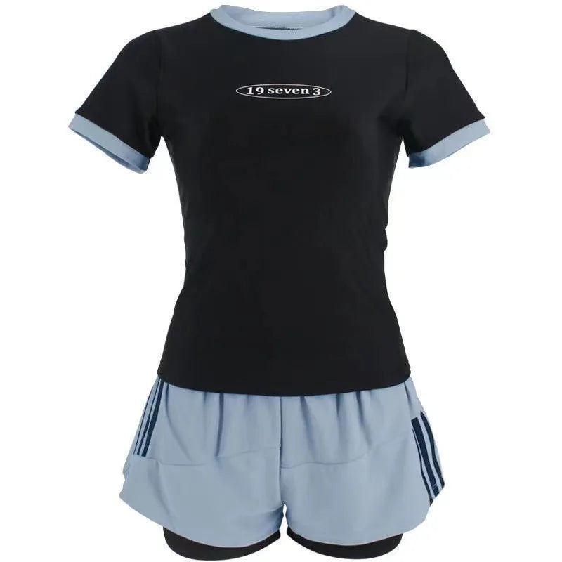 Women's Sports Two-piece Swimsuit Set with Short Sleeves and Drawstring Shorts Suitable for Beach Swimming Pool Training