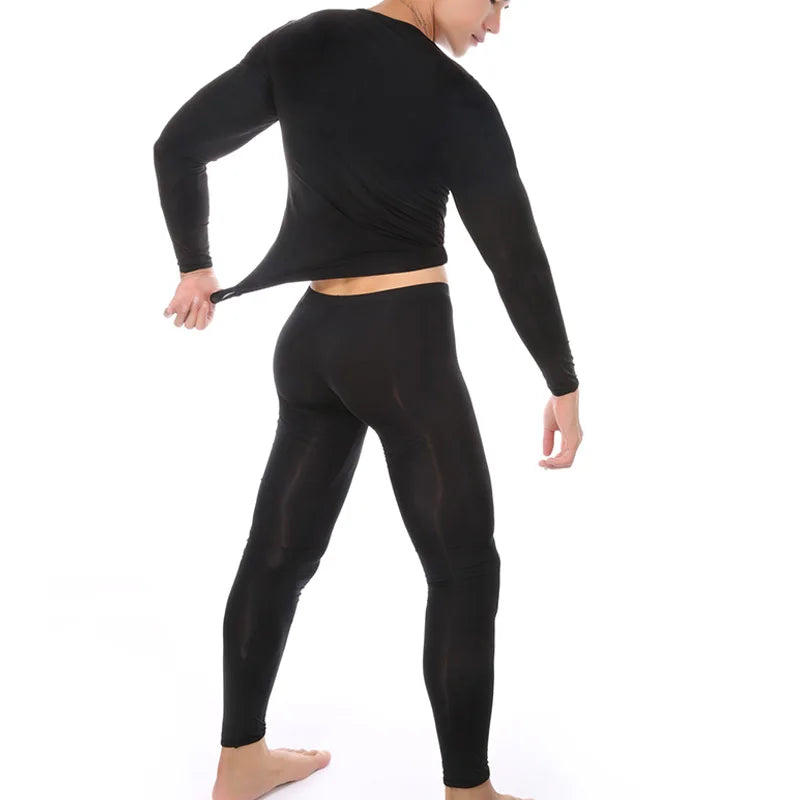 Men's Sexy Transparent Underwear Arrangement Sheer Ultra-Thin Seamless Warm Long Johns Ice Silk Comfortable Long Pajama Set