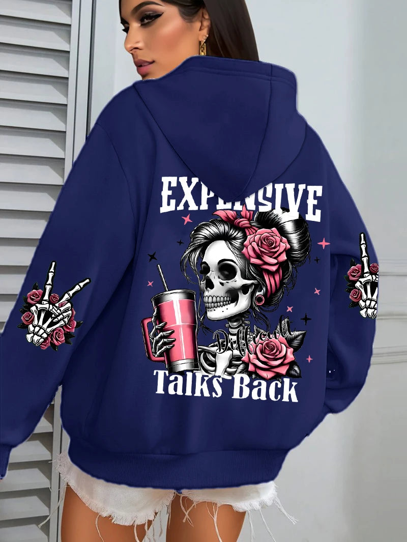 Expensive Talks Back Funny Printing Womens Plus Size Hoodie Multicolor Pullovers Fleece Autumn Sportswear Casual Pocket Hoody