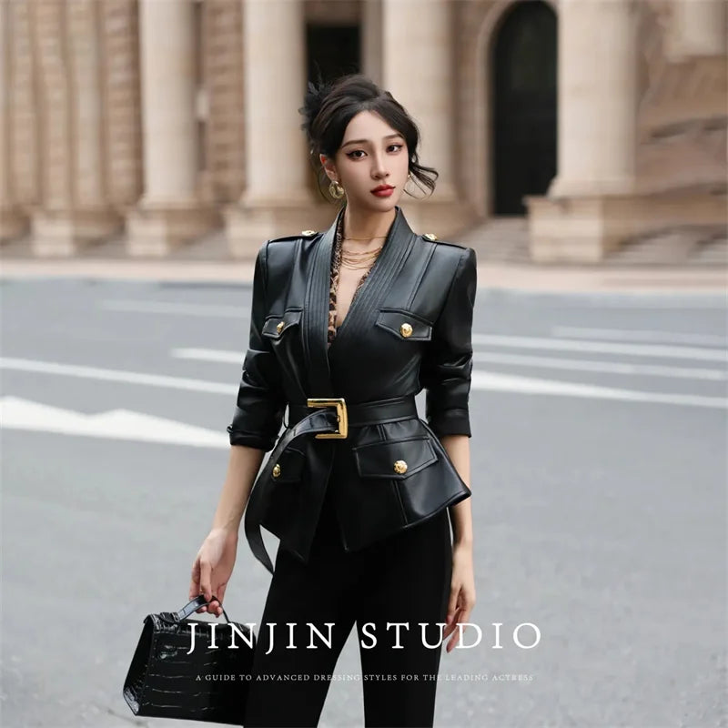 Leather Jacket Women's Jackets Spring and Autumn  Cardigan Ladies' Senior Leather Coat Waist Temperament Design Sense Coat Tide