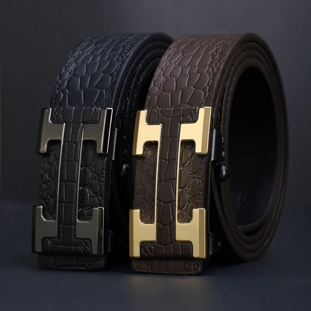 Men's Fashionable Work Business Belt with Metal Automatic Buckle Durable Everyday Use Design Perfect Gift Choice