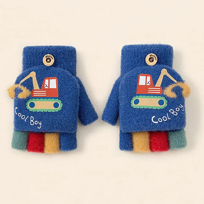 Kids Boys Girls Cartoon Excavator Half Finger Flip Cover Winter Thick Warm Gloves Toddler Outdoor Knitted Cold-Proof Mittens