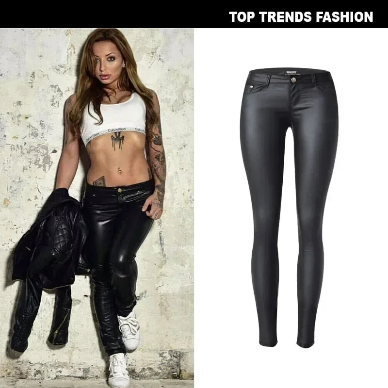 Women's Leather Pant Low Rise Stretch Coated PU Faux Leather Trousers for Women