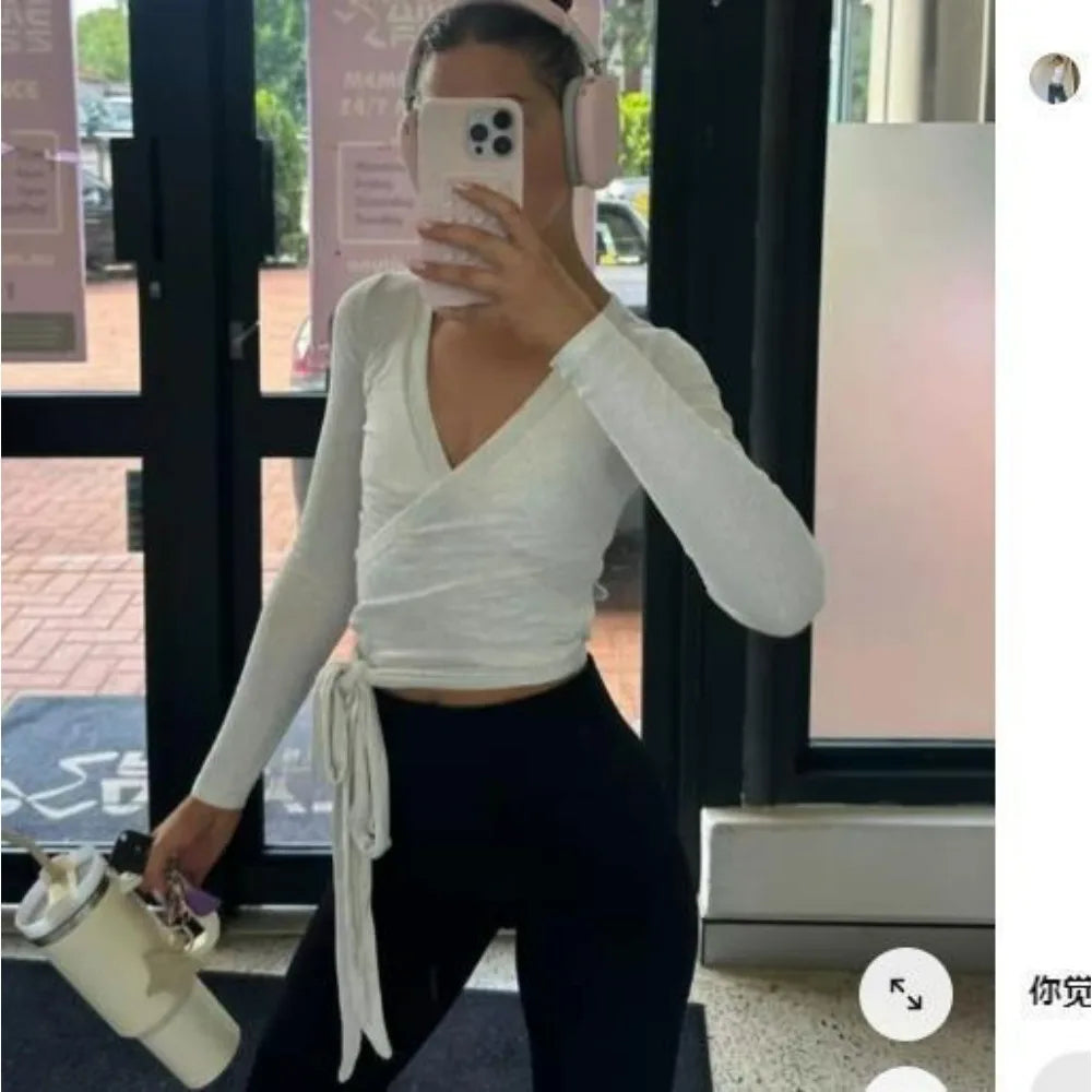 Women Yoga Wrap Tie Tops Solid Long Sleeve Slim Fit Crop Tops Ballet Workout Yoga T-Shirts Tees Coquette Sweet Chic Tops