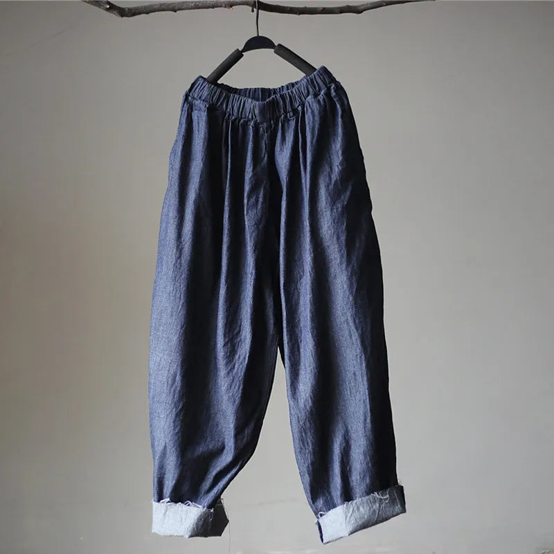 Johnature 2025 New Women Dark Blue Jeans Mid Elastic Waist Pants Summer Solid Color Loose Vintage Ankle-Length Pants