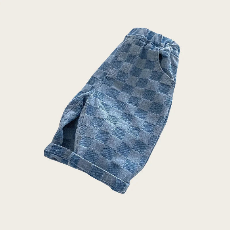 0-5 Y Little Kids Girls Boys Pants Korean Children's Clothes 2026 Cotton Checkered Soft Denim Jeans Stylish Comfortable Trousers
