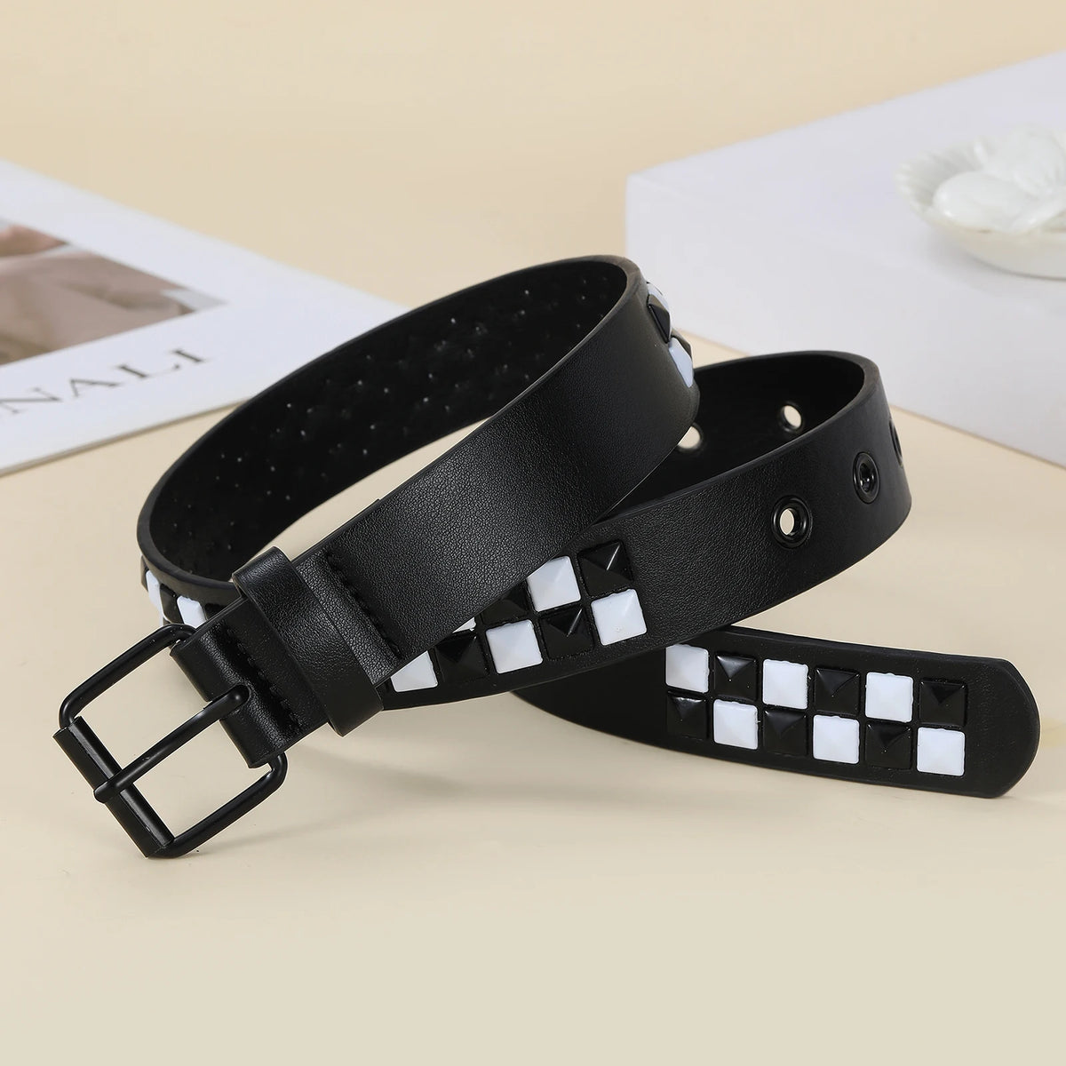Kids Unisex Pu Leather Belt, Black & White Square Rivet Studded Waist Strap for Boys Girls Jeans