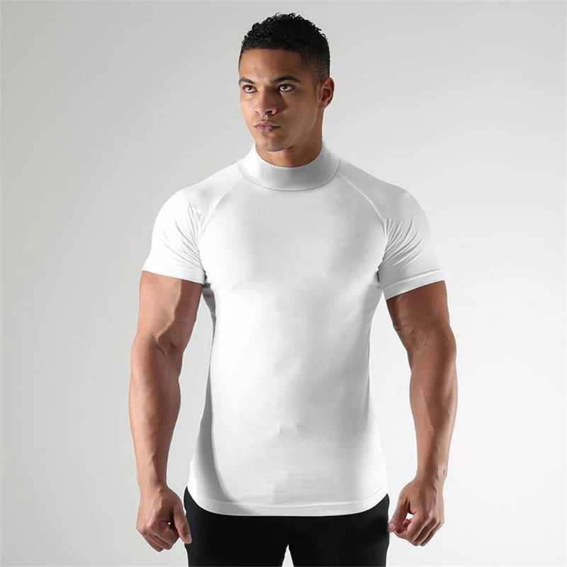 Turtleneck  Short Sleeve T-shirts Mens Summer Compression Shirts Elastic Quick Dry Sports Tees Tops Fitness Gym T Shirt