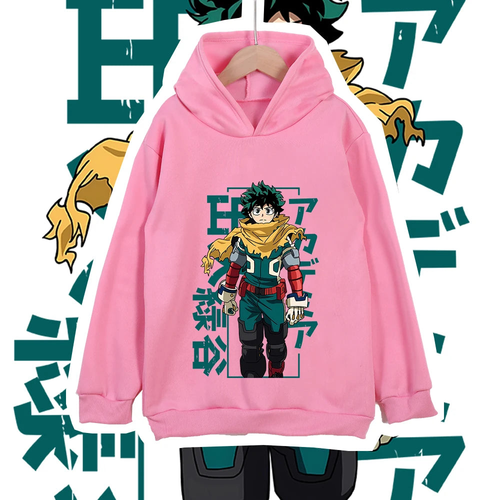 Kids Anime Cotton Tshirt Mha Midoriya Print Unisex Hoodie Sweatshirt for Boys Girls 100-160cm Cartoon Casual Clothes