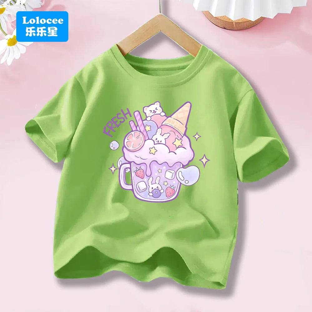 Kids' Short Sleeve Cartoon T - Shirt Fresh Dessert & Animals  Cartoon Print Casual Top Kawaii Summer Clothes  YLXX1