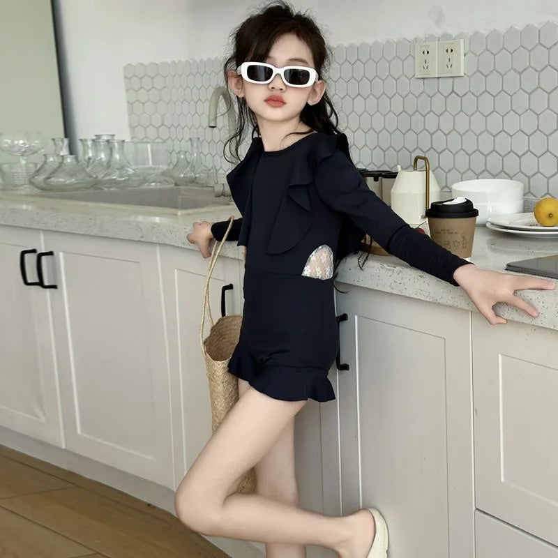 Girls Swimwear 2026 Ins Summer Simple Solid Hollow Out Long Sleeve Sunscreen Children Girls Swimsuit Kids Girls Swimwears