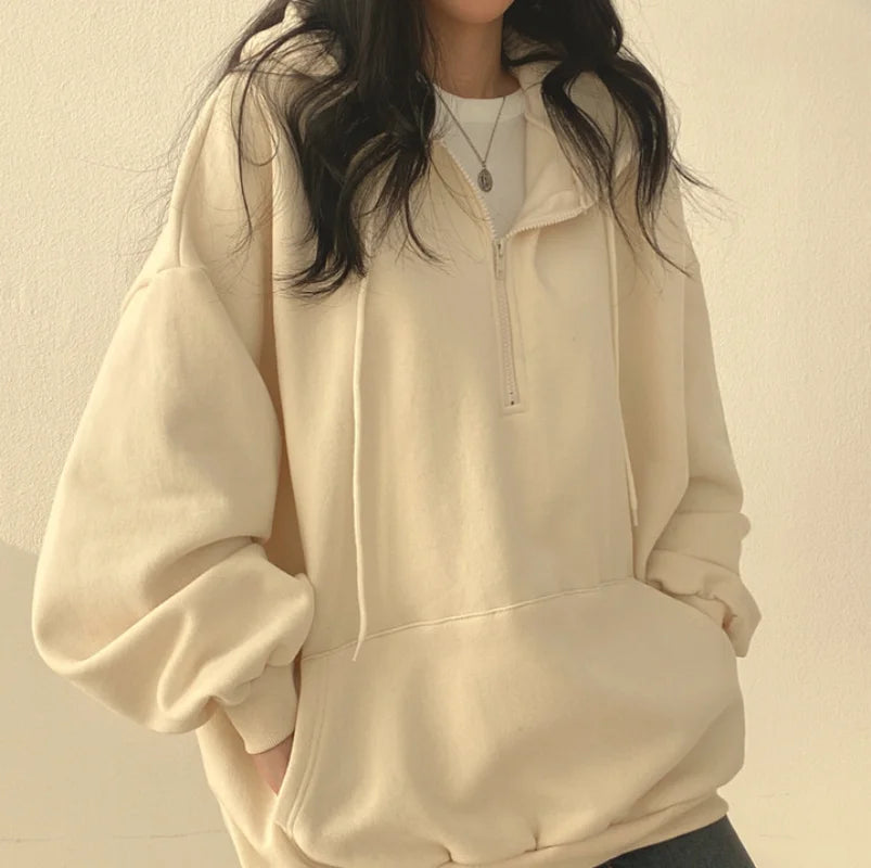 Women Hoodie Harajuku Loose Oversized Solid Color Top Half Zip Up Sweatshirt Female Casual Long Sleeve Pocket Hooded Coats 2025
