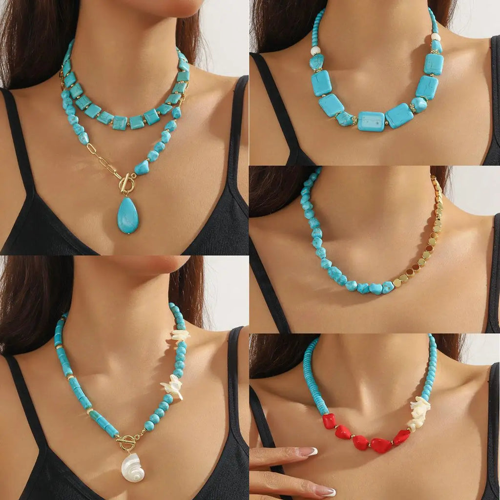 Available Necklace for Women Natural Turquoise Beaded Jewelry Double Teardrop Pendant Turquoise Beautiful Elegant Necklace