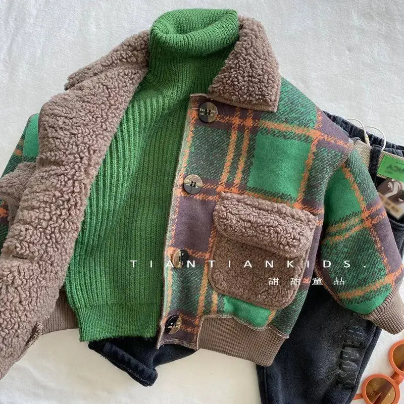 Jackets & Coats Kids' Korean Fur Lapel Coat Green Checked Fleece Jacket Single-Breasted Winter Coat for Boys & Girls