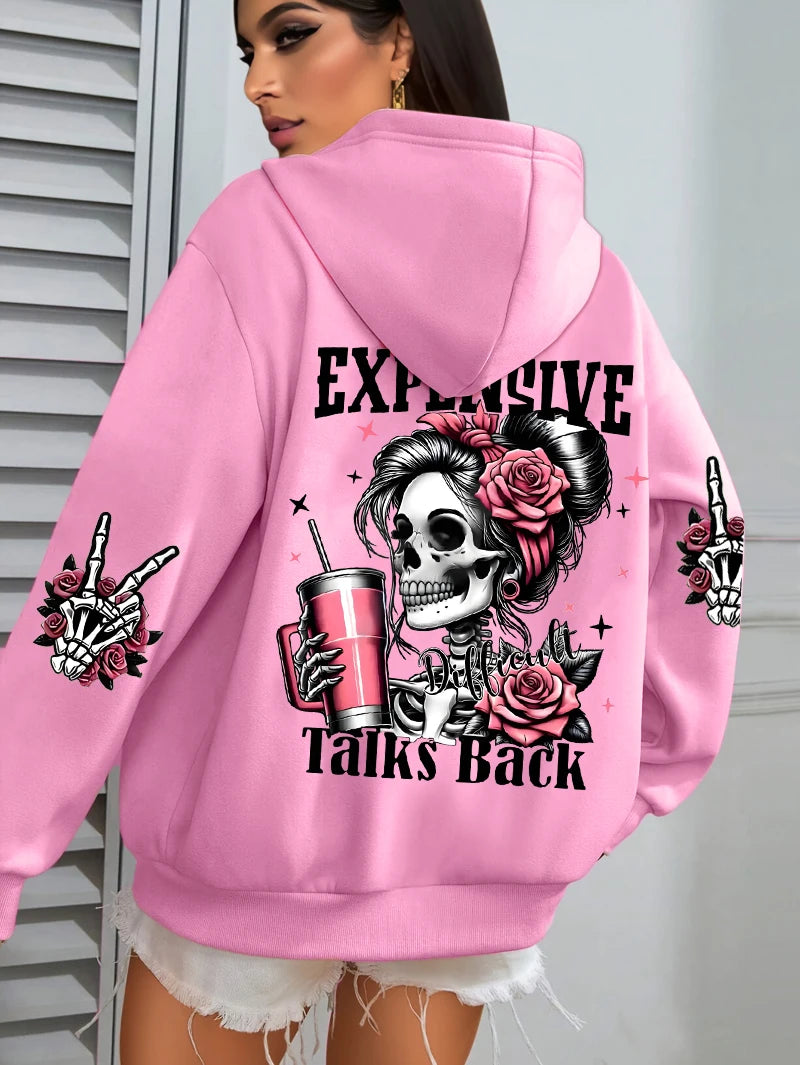 Expensive Talks Back Funny Printing Womens Plus Size Hoodie Multicolor Pullovers Fleece Autumn Sportswear Casual Pocket Hoody