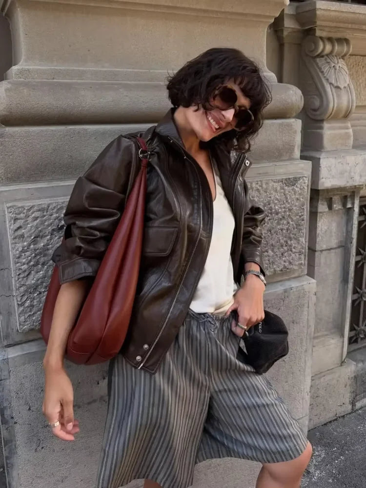 Women Vintage Dark Brown Leather Jacket Casual Stand Collar Zip Up Pocket Long Sleeve Loose Outerwear Street Wear Winter Jackets