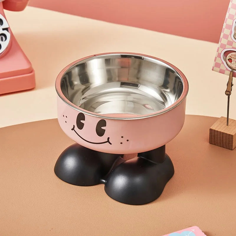 Pet Bowl A smiling face high-legged, fashionable stainless steel large-capacity dog bowl for feeding and water, neck-protectin