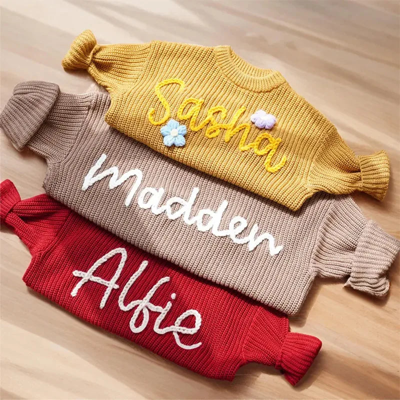 Personalized Baby Cotton Sweater Custom Name Hand Embroidery Knitted Pullover for Boys Girls Autumn Winter Kids Knitwear 0-7T