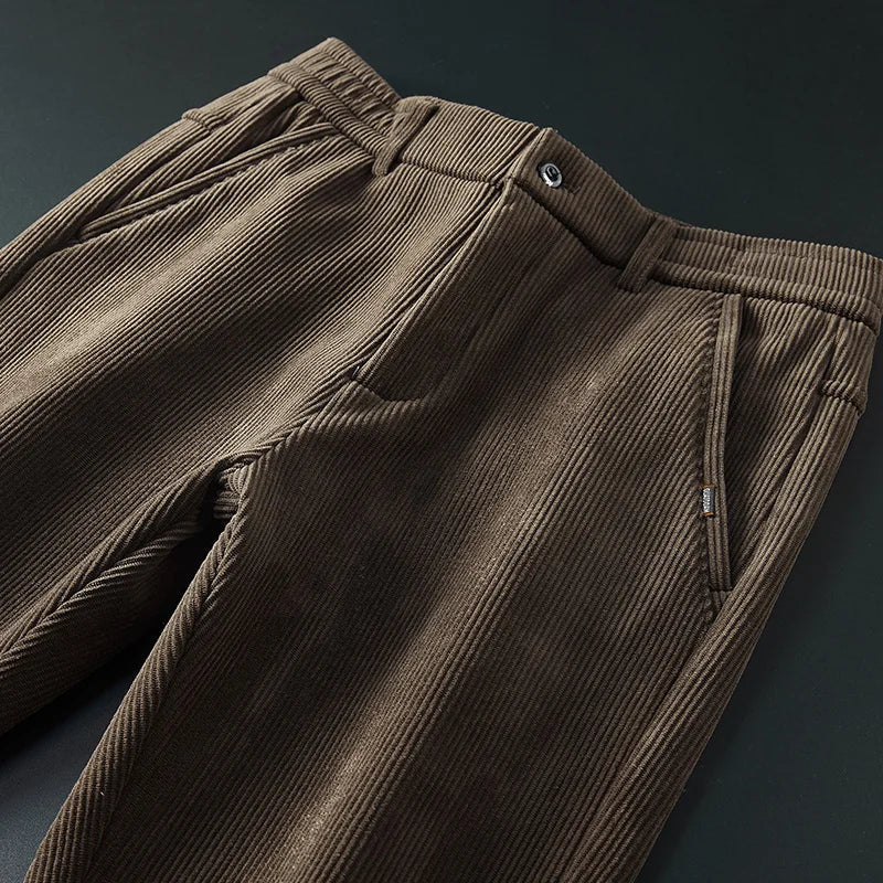 Winter Fleece Warm Corduroy Fabric Men's Casual Pants Outdoors Business Thick Flocking Plush Black Grey Brown Trousers Male