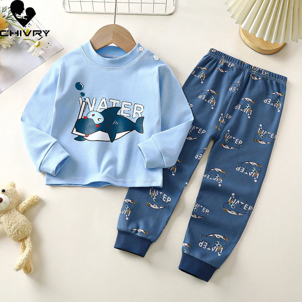 Boys Girls Autumn Pure Cotton Pajamas Kids Cartoon Print Long Sleeve T-Shirt Tops + Pants Pyjamas Baby Underwear Clothing Sets