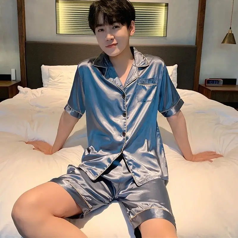 KIDWHXR Man Pajama Set Summer Single-breasted Shirt Male Loose Straight Shorts Men Ice Silk Comfortable 2-piece Sleepwear Outfit