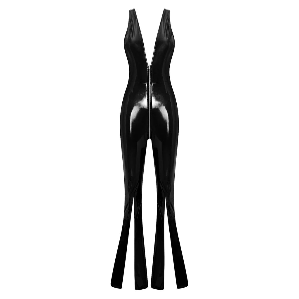 Womens Sexy Latex PU Leather Wet Look Jumpsuit V Neck Zipper Open Front Unitard Rompers Split Flared Pants Bell Bottoms Clubwear