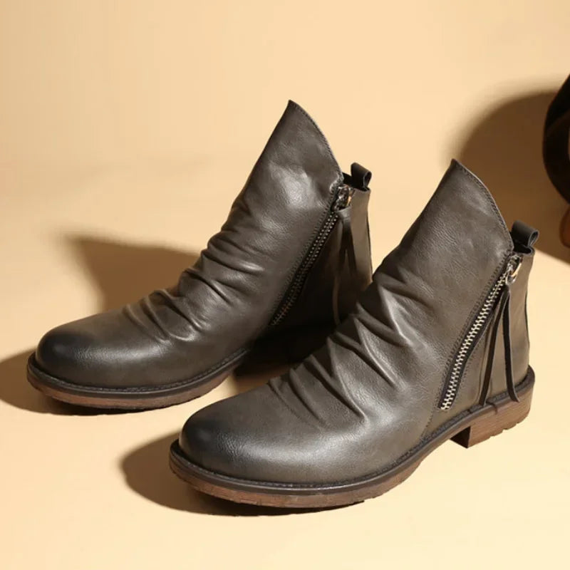 Men's PU Leather Chelsea Boots Fashion High Top Tassel Zipper Shoes Summer Mens Ankle Boots Comfortable Cowboy Boots Zapatos