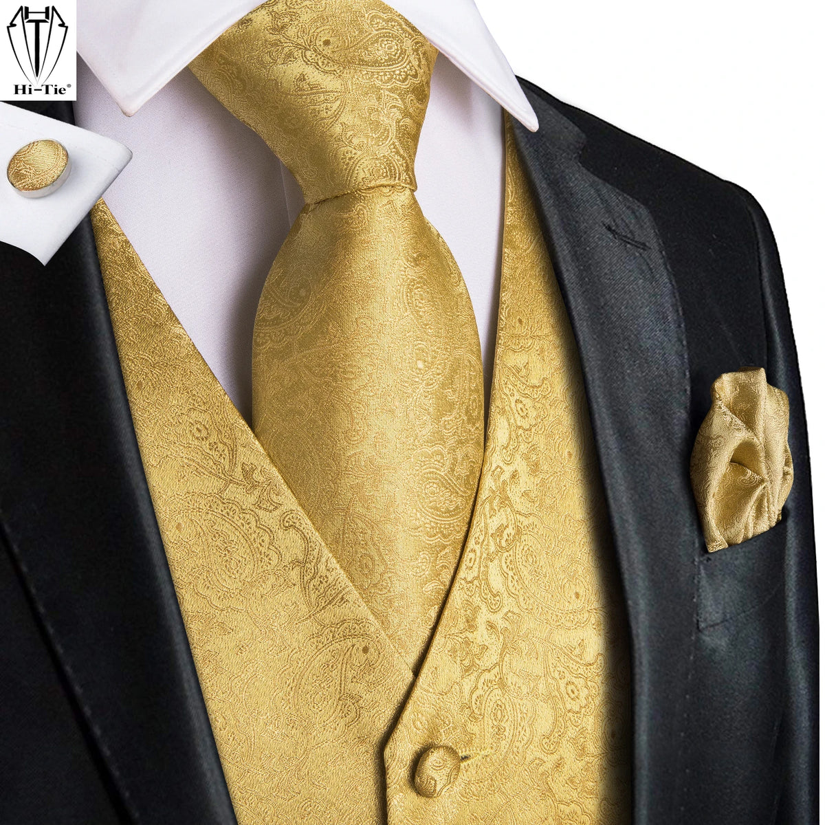 Luxury Gold Mens Suit Vest Red Blue Green Yellow Red Waistcoat Tie Bowtie Hanky Cufflinks Set Male Waist Jacket Wedding Office